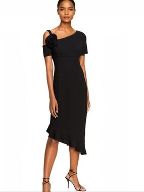 Focus by Shani Asymmetrical Black One-Shoulder Dress with Rosette Detail